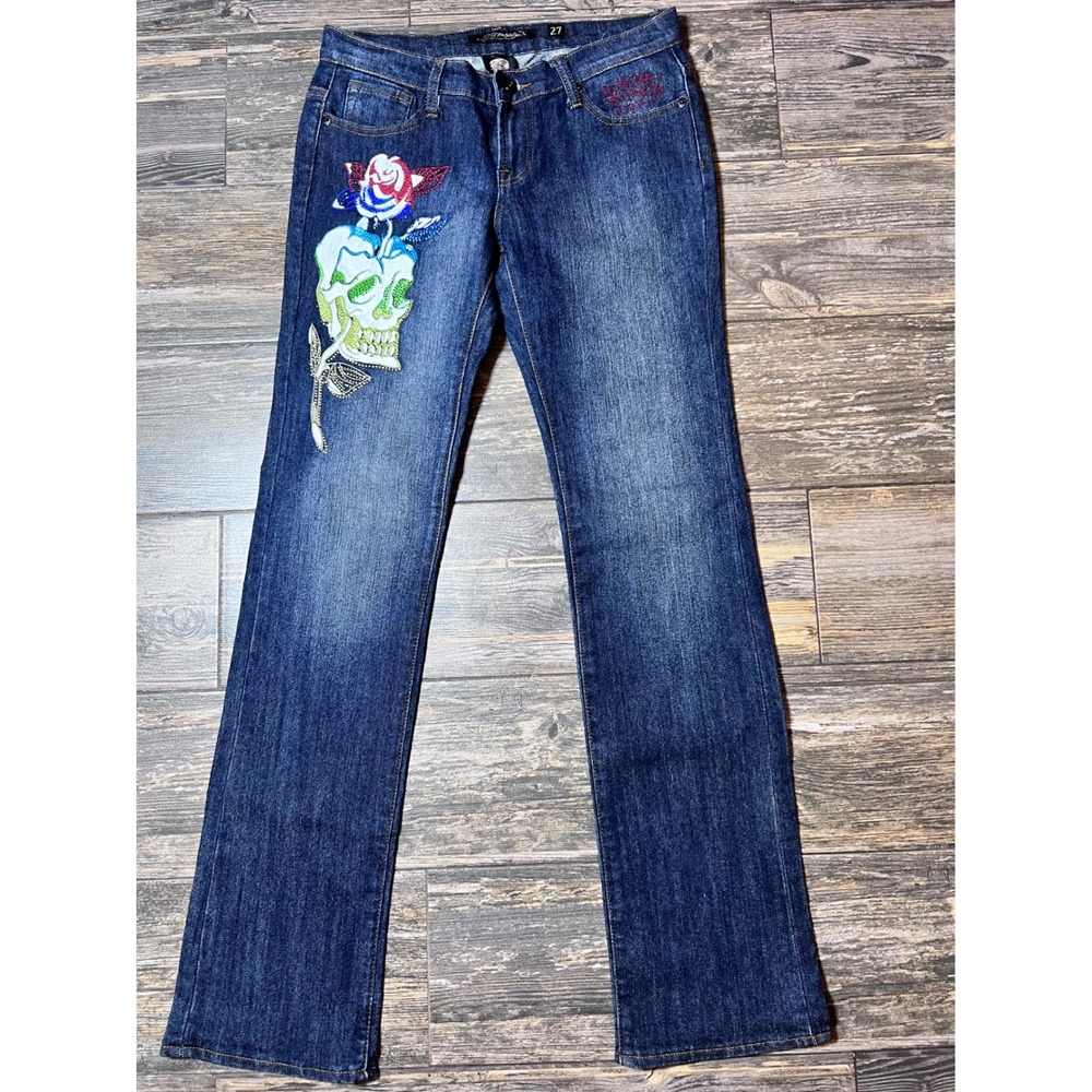 Vintage Ed Hardy Jeans SZ 27 Rhinestone Skull Rose Embellished Denim Grunge Y2K